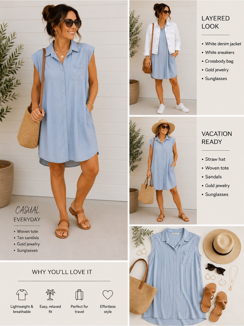 Light Blue Sleeveless Button-Front Shirt Dress Coverup
